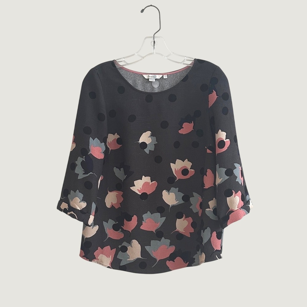 Boden Womens Polka Dot Floral 3/4 Sleeve Blouse Grey Pink Size US 4